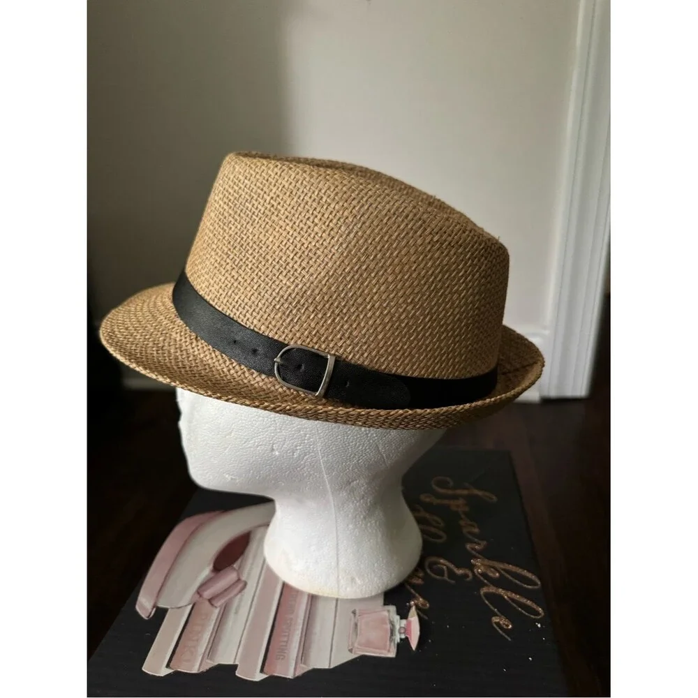 Straw Trilby Hat with Black Band - Tan